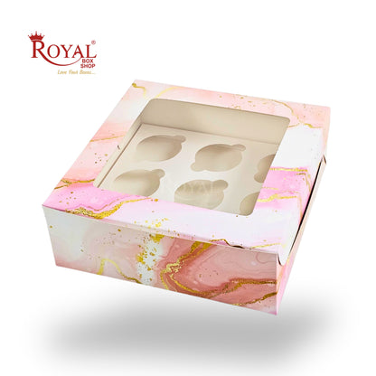 9pc Cupcake Boxes with Window | 10x10x3.5 Inch | Pink Marble Print | FBB
