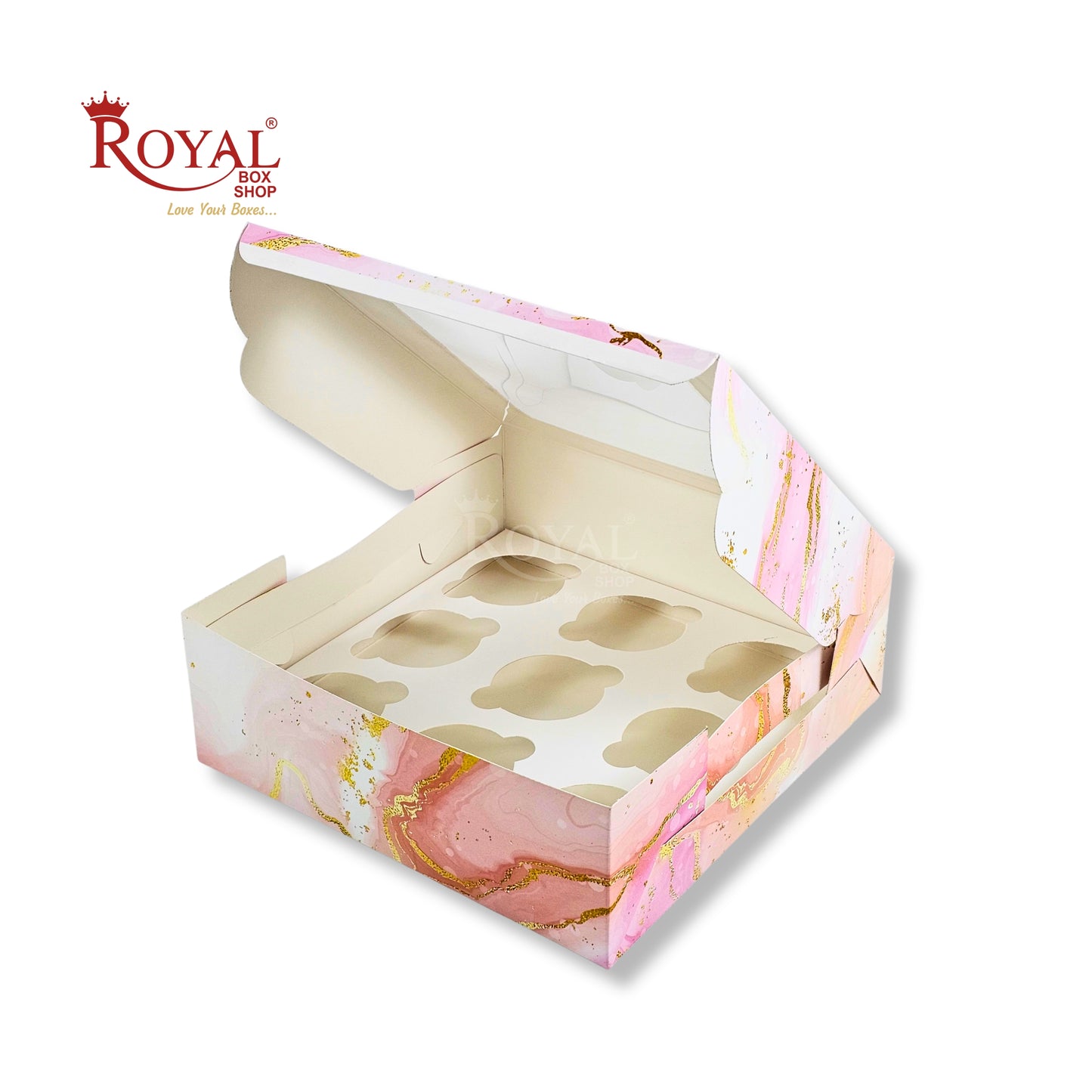 9pc Cupcake Boxes with Window | 10x10x3.5 Inch | Pink Marble Print | FBB