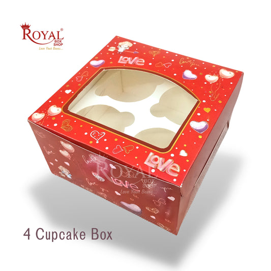 4 Cupcake Valentine Theme Box I Size 7x7x3.5" Inch I Red Color