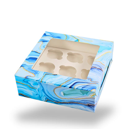 9pc Cupcake Boxes with Window | 10x10x3.5 Inch | Blue Marble Print | FBB