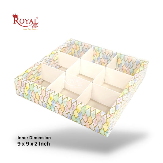 9pc Brownie Hamper Box with Transparent Lid I Multicolor I 9"x9"x2" inches I For Christmas Gift , Wedding Return Gifts, New Year Gifting Royal Box Shop