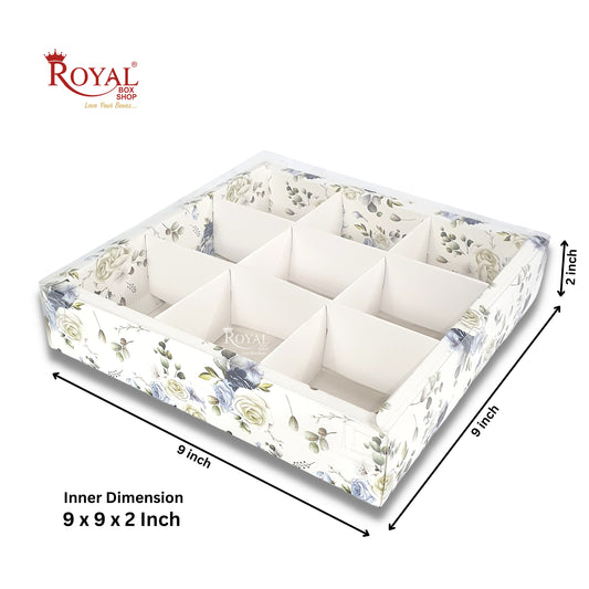 9pc Brownie Hamper Box with Transparent Lid I White Floral I 9"x9"x2" inches I For Christmas Gift , Wedding Return Gifts, New Year Gifting Royal Box Shop