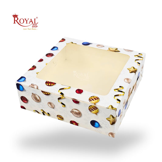 Christmas Theme Dry Cake Box With Window | 9x9x3 inch | White | For Cakes, Dry Cakes, Chocolates, Cookies, Muffins