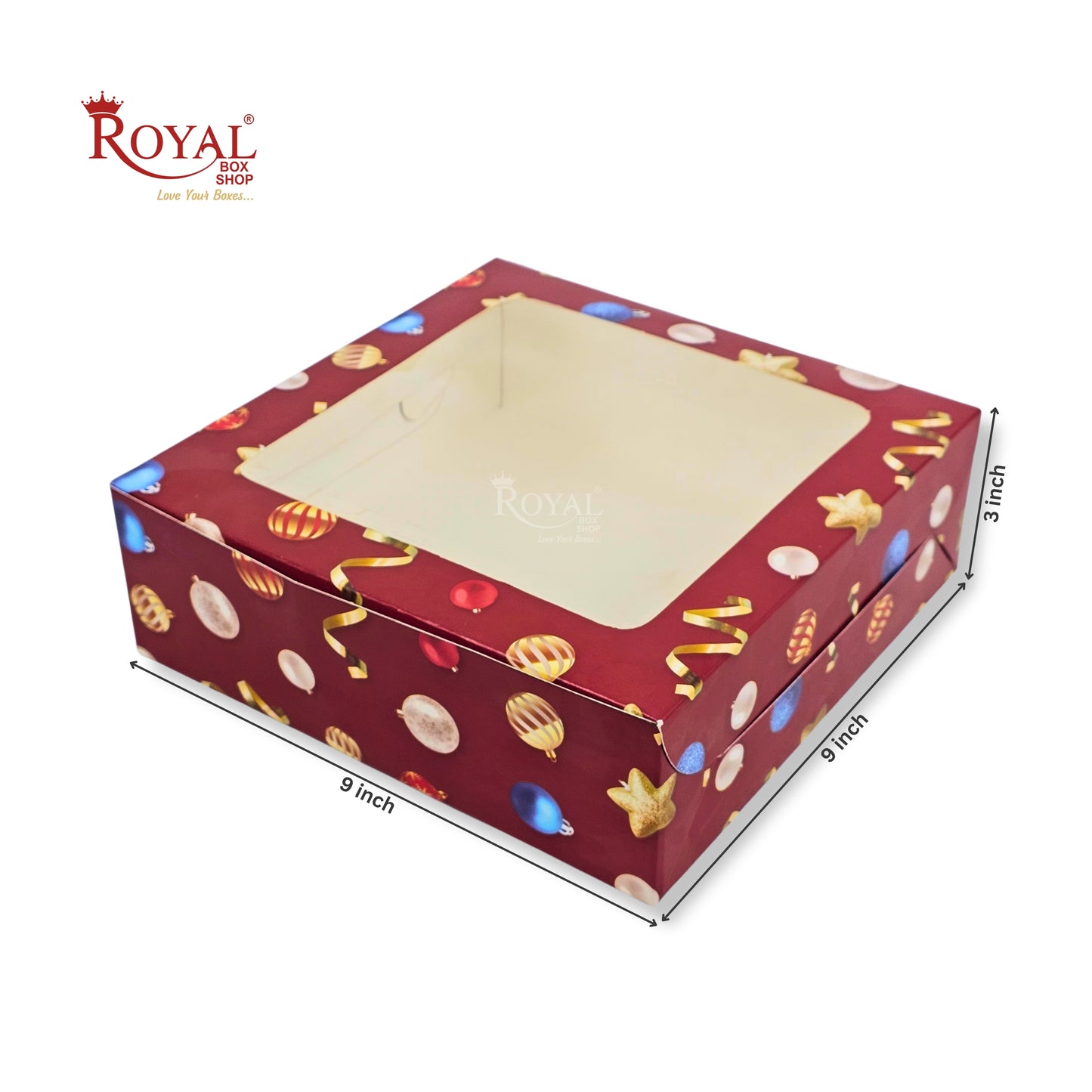 Christmas Theme Dry Cake Box With Window | 9x9x3 inch | Red | For Cakes, Dry Cakes, Chocolates, Cookies, Muffins