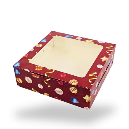 Christmas Theme Dry Cake Box With Window | 9x9x3 inch | Red | For Cakes, Dry Cakes, Chocolates, Cookies, Muffins