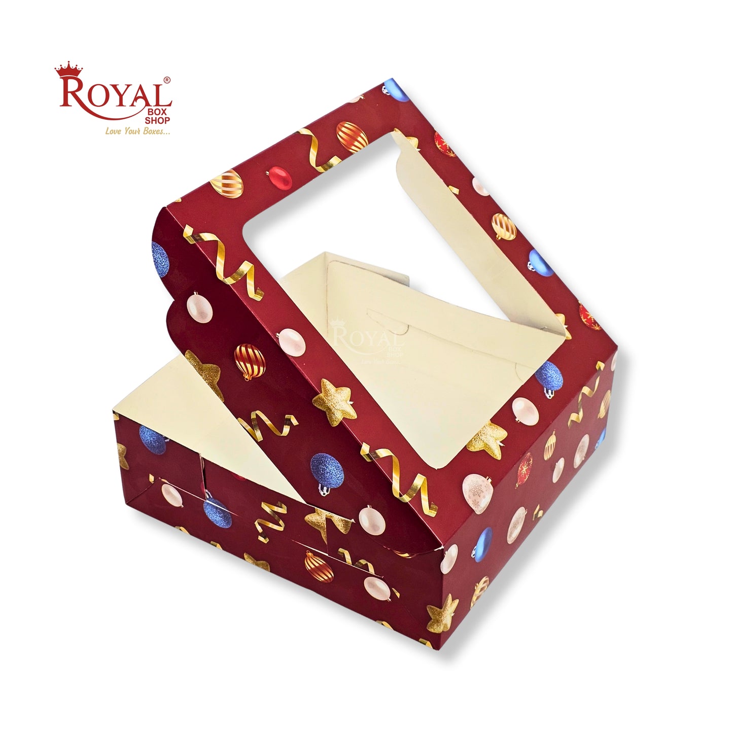 Christmas Theme Dry Cake Box With Window | 9x9x3 inch | Red | For Cakes, Dry Cakes, Chocolates, Cookies, Muffins