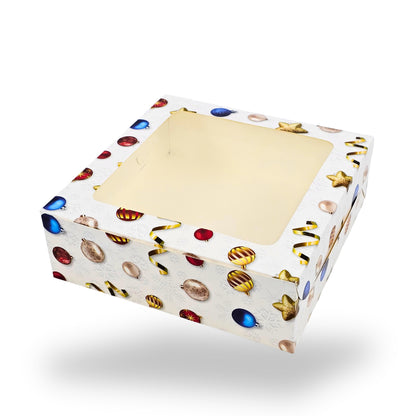 Christmas Theme Dry Cake Box With Window | 9x9x3 inch | White | For Cakes, Dry Cakes, Chocolates, Cookies, Muffins