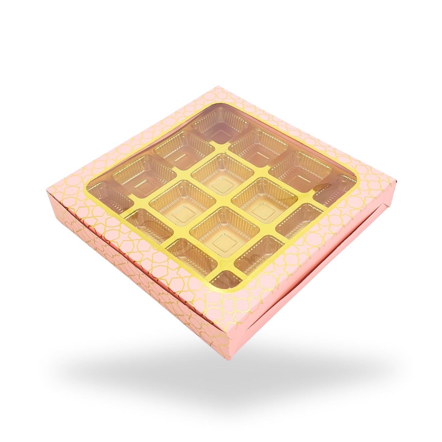 16 Cavity Chocolate Boxes  I 7.5 x 7.5 x 1.25 inch I Pink With Golden Foiling