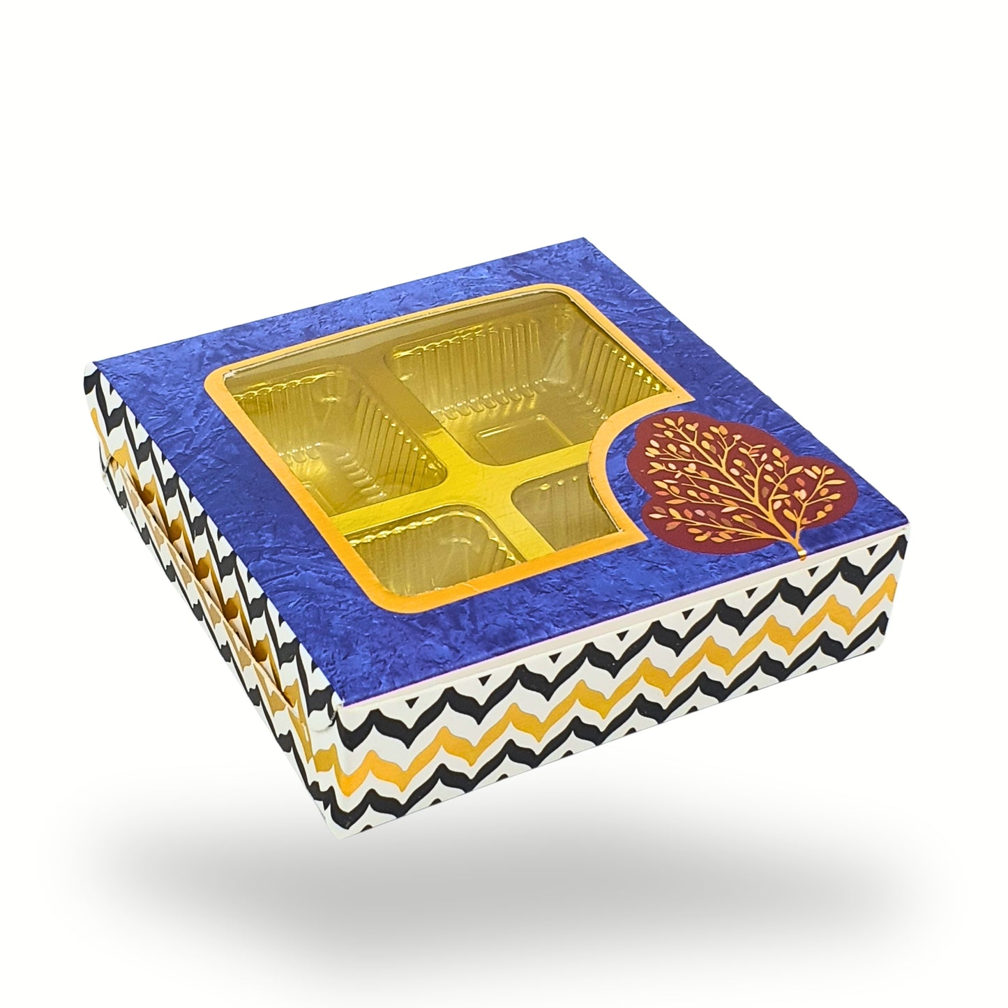 Premium 4 Cavity Gift Box for Chocolates I Festive Blue with Golden Tray & Window