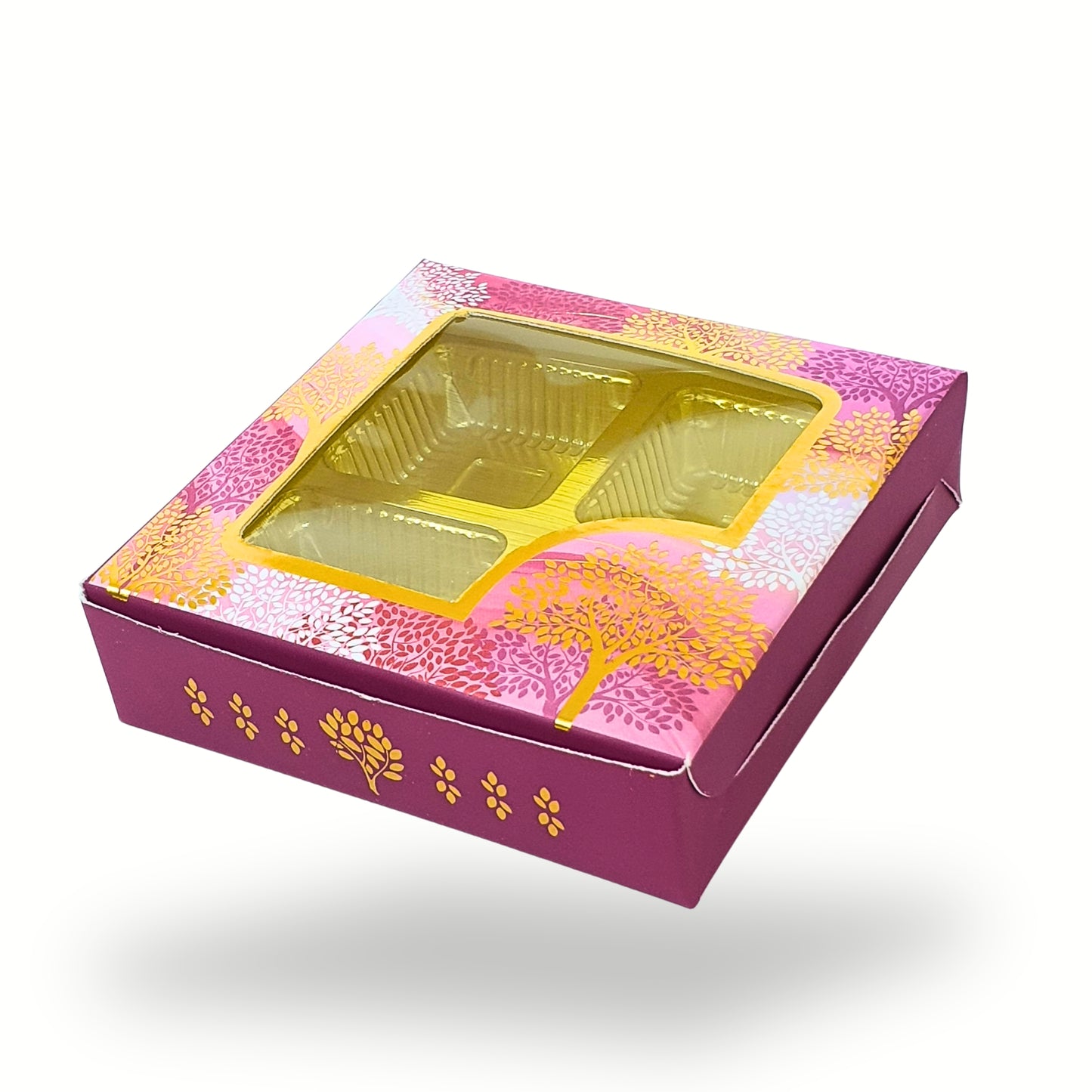 Royal Box Shop® 4 Cavity Chocolate Box with Window I Magenta Tree Print I 3.75x3.75x1 inch