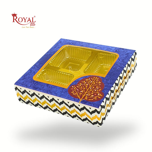 Premium 4 Cavity Gift Box for Chocolates I Festive Blue with Golden Tray & Window