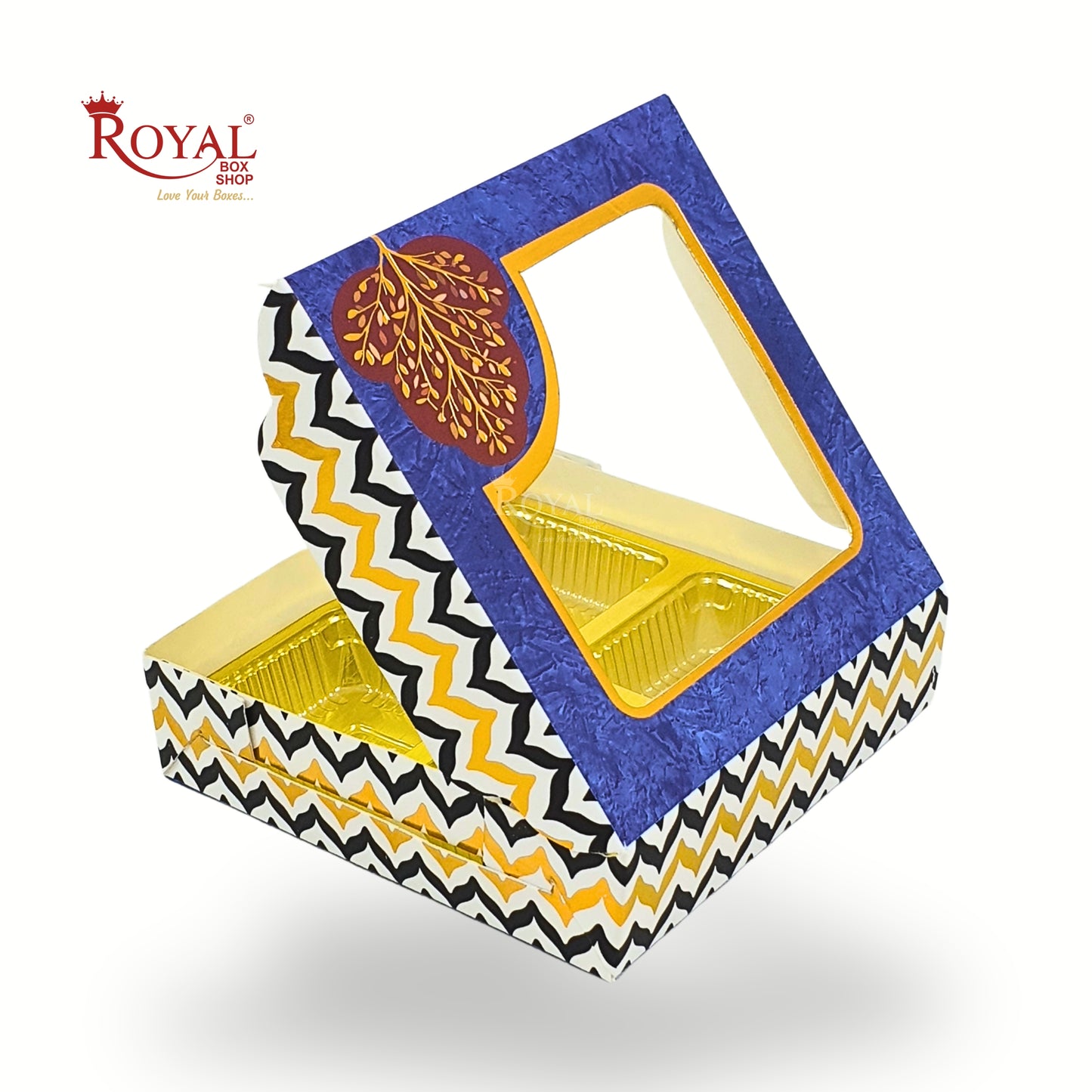 Premium 4 Cavity Gift Box for Chocolates I Festive Blue with Golden Tray & Window