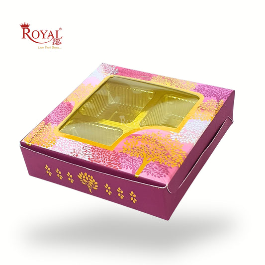 Royal Box Shop® 4 Cavity Chocolate Box with Window I Magenta Tree Print I 3.75x3.75x1 inch
