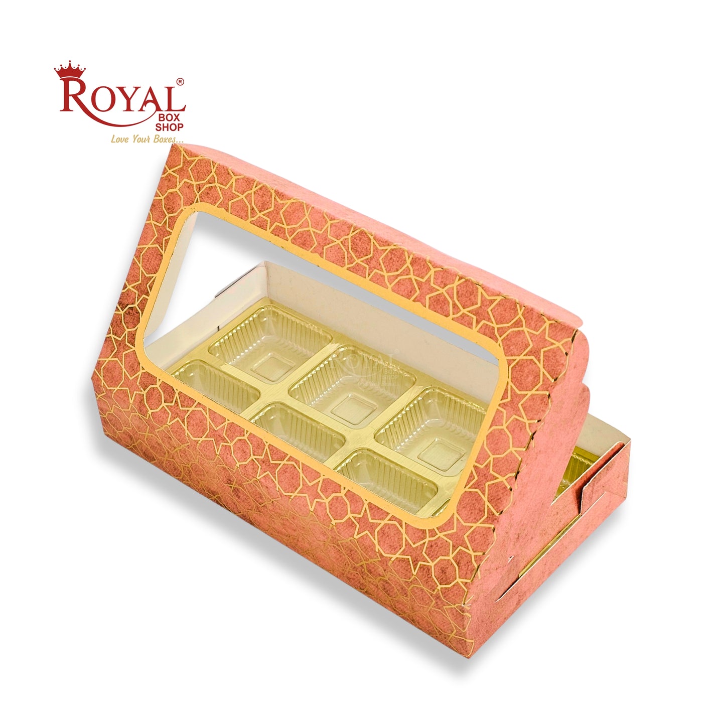 8 Cavity Chocolate Boxes | 7.5x4x1.25 inches | Peach With Golden Foiling