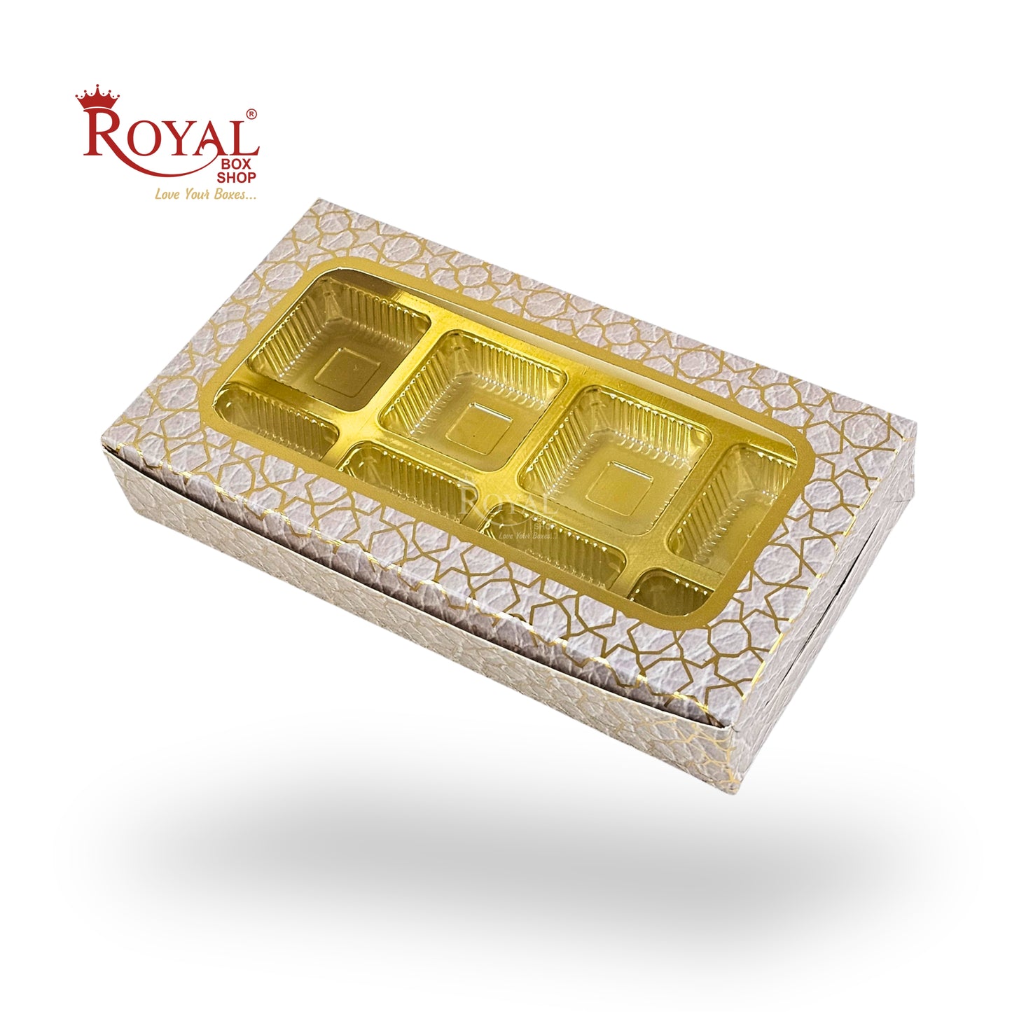 8 Cavity Chocolate Boxes | 7.5x4x1.25 inches | Cream With Golden Foiling