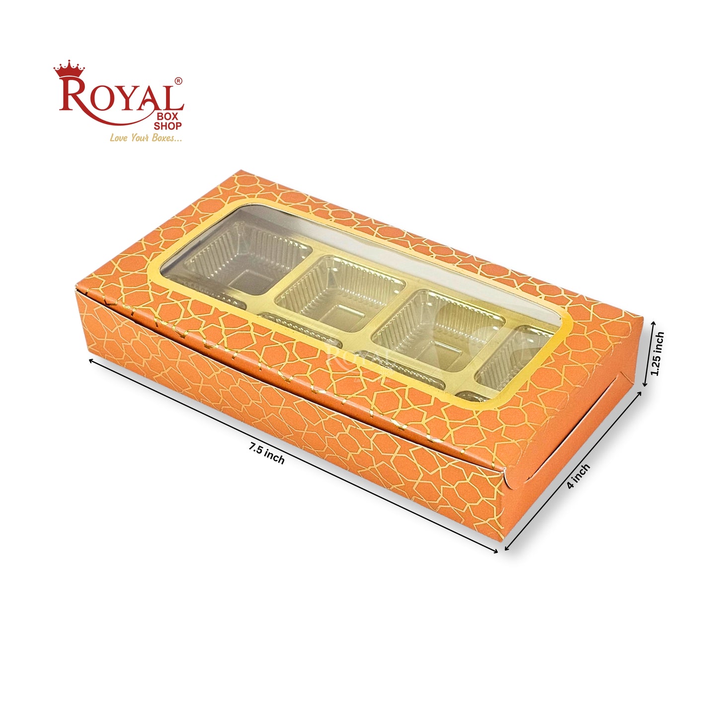 8 Cavity Chocolate Boxes | 7.5x4x1.25 inches | Orange With Golden Foiling