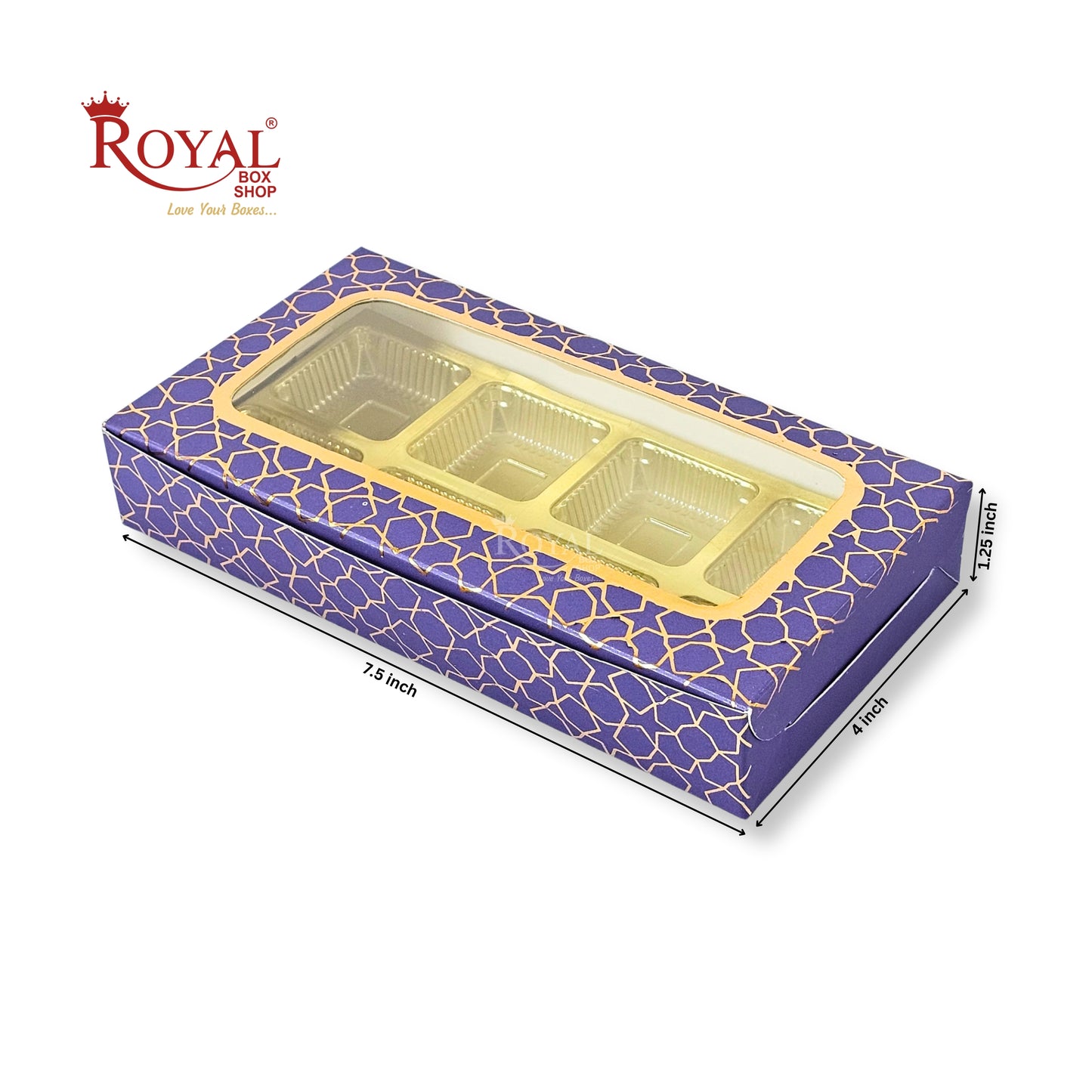 8 Cavity Chocolate Boxes | 7.5x4x1.25 inches | Purple With Golden Foiling