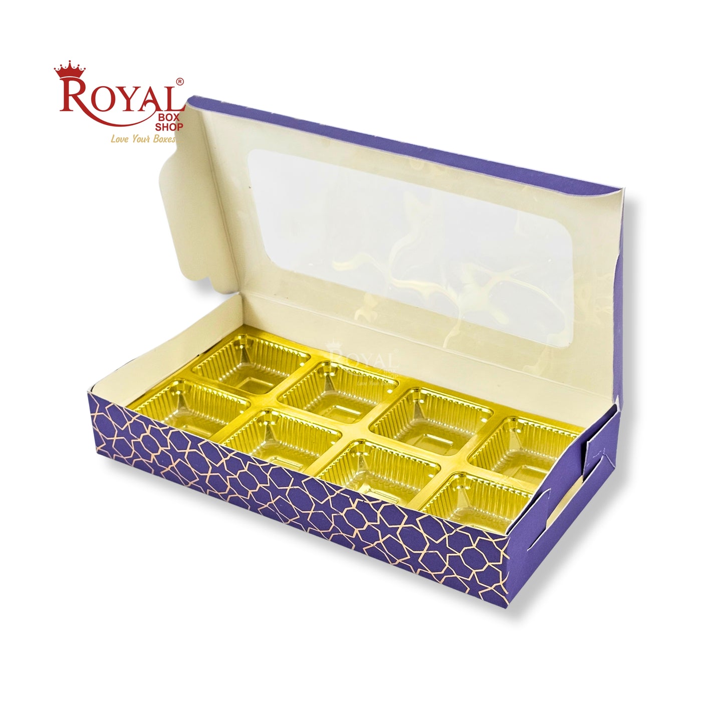 8 Cavity Chocolate Boxes | 7.5x4x1.25 inches | Purple With Golden Foiling