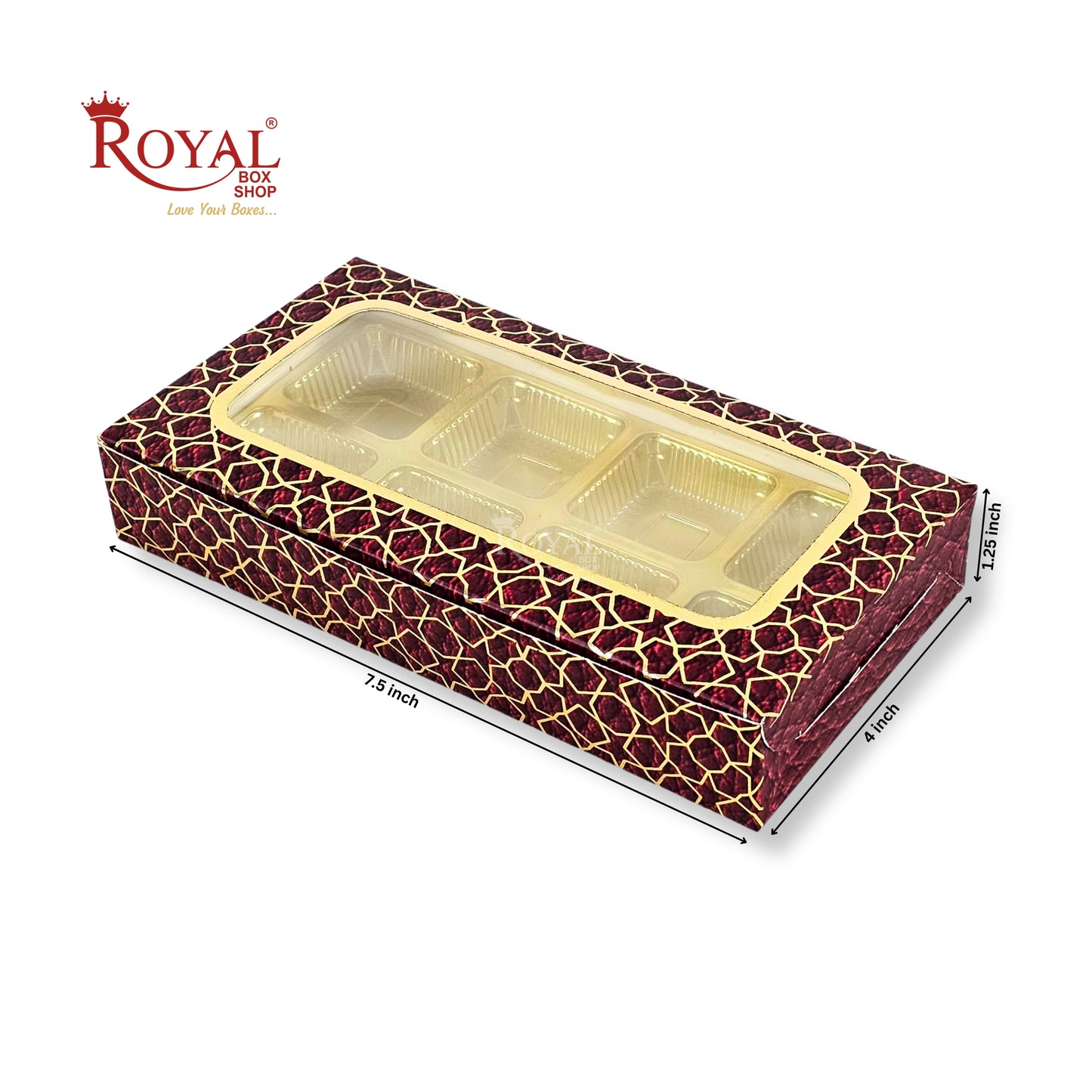8 Cavity Chocolate Boxes | 7.5x4x1.25 inches | Maroon With Golden Foiling
