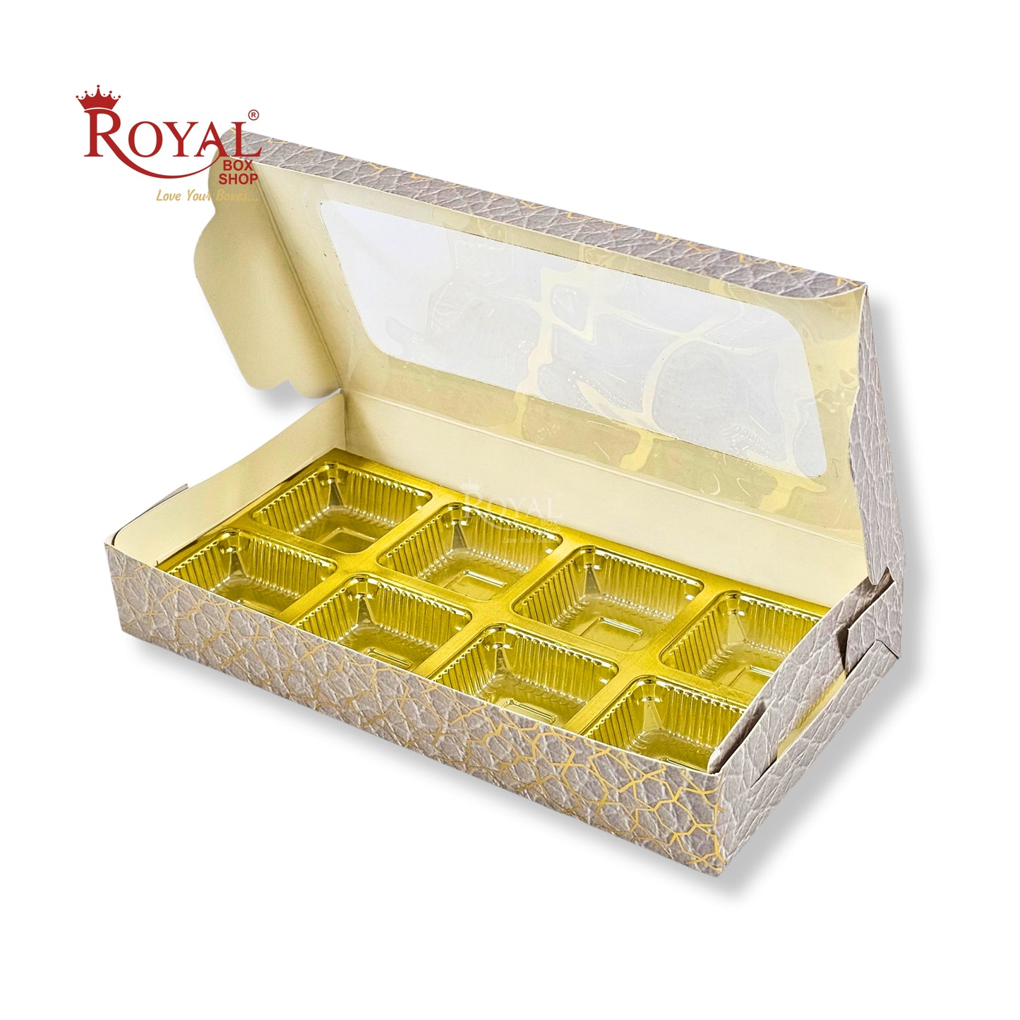 8 Cavity Chocolate Boxes | 7.5x4x1.25 inches | Cream With Golden Foiling