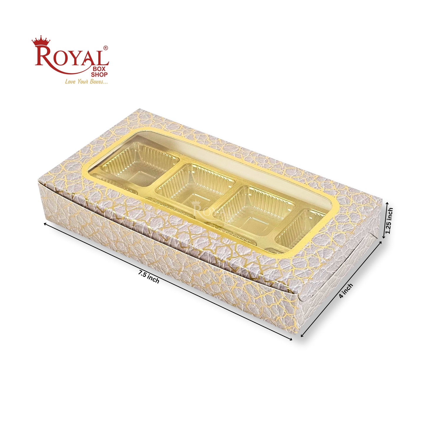 8 Cavity Chocolate Boxes | 7.5x4x1.25 inches | Cream With Golden Foiling