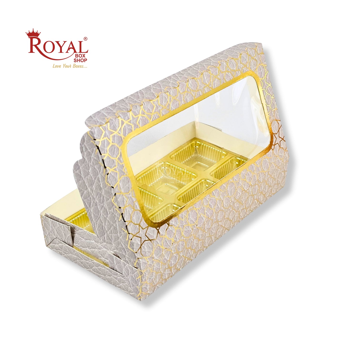 8 Cavity Chocolate Boxes | 7.5x4x1.25 inches | Cream With Golden Foiling