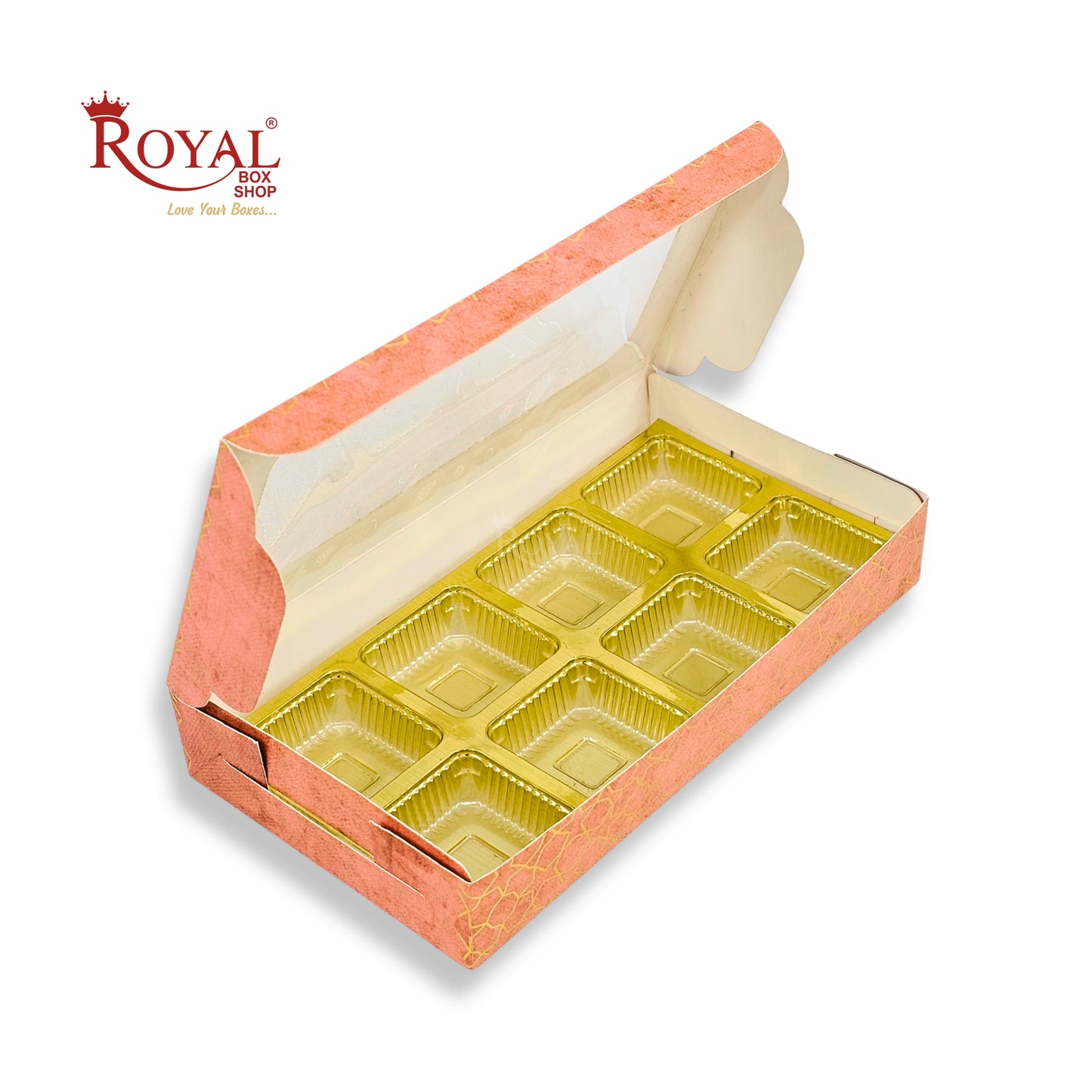8 Cavity Chocolate Boxes | 7.5x4x1.25 inches | Peach With Golden Foiling