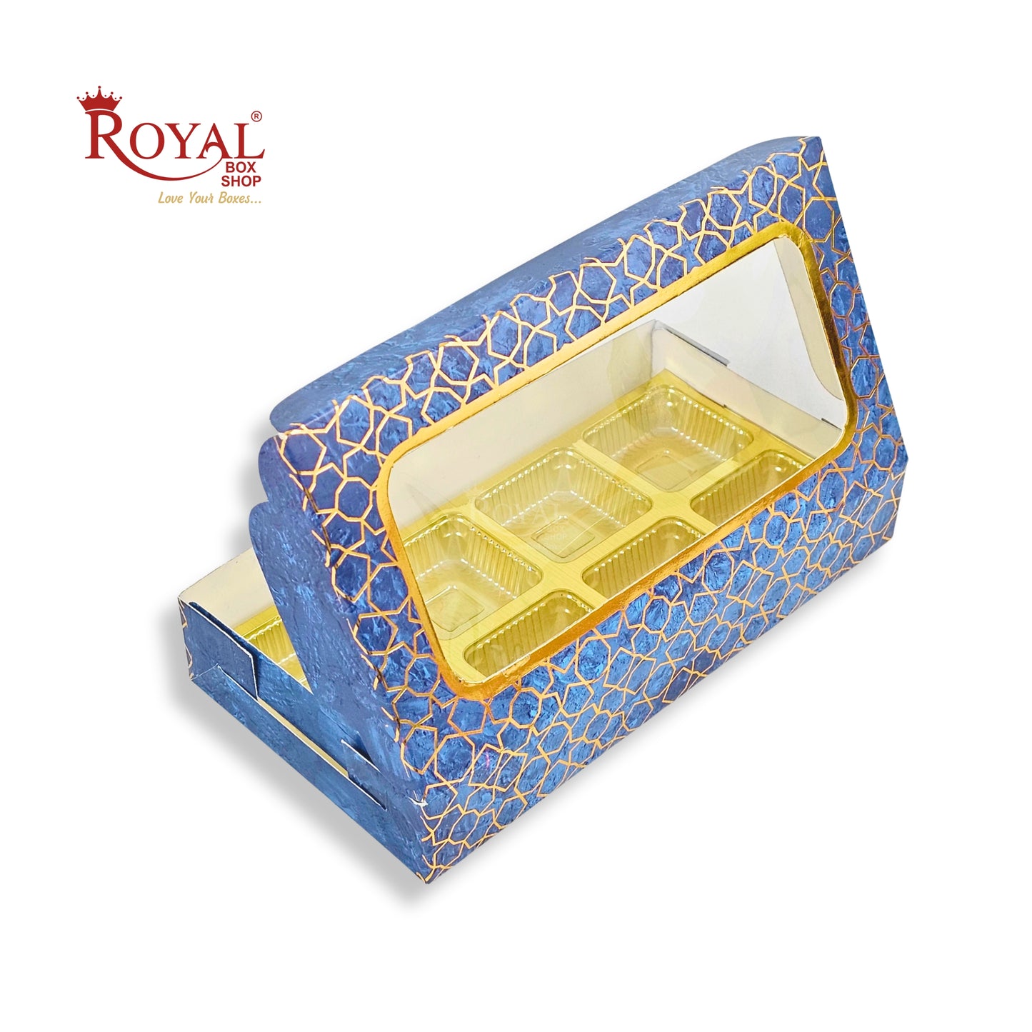 8 Cavity Chocolate Boxes | 7.5x4x1.25 inches | Blue With Golden Foiling