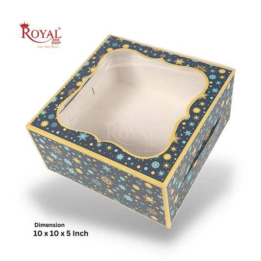 Cake Box With Window I Blue Christmas Theme I Size 10x10x5 inch I 350 GSM I One Kg Cake Box Royal Box Shop