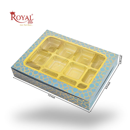 12 Cavity Chocolate Box | 7.5 x 5.5 x 1.25 inches | Turquoise With Golden Foilling