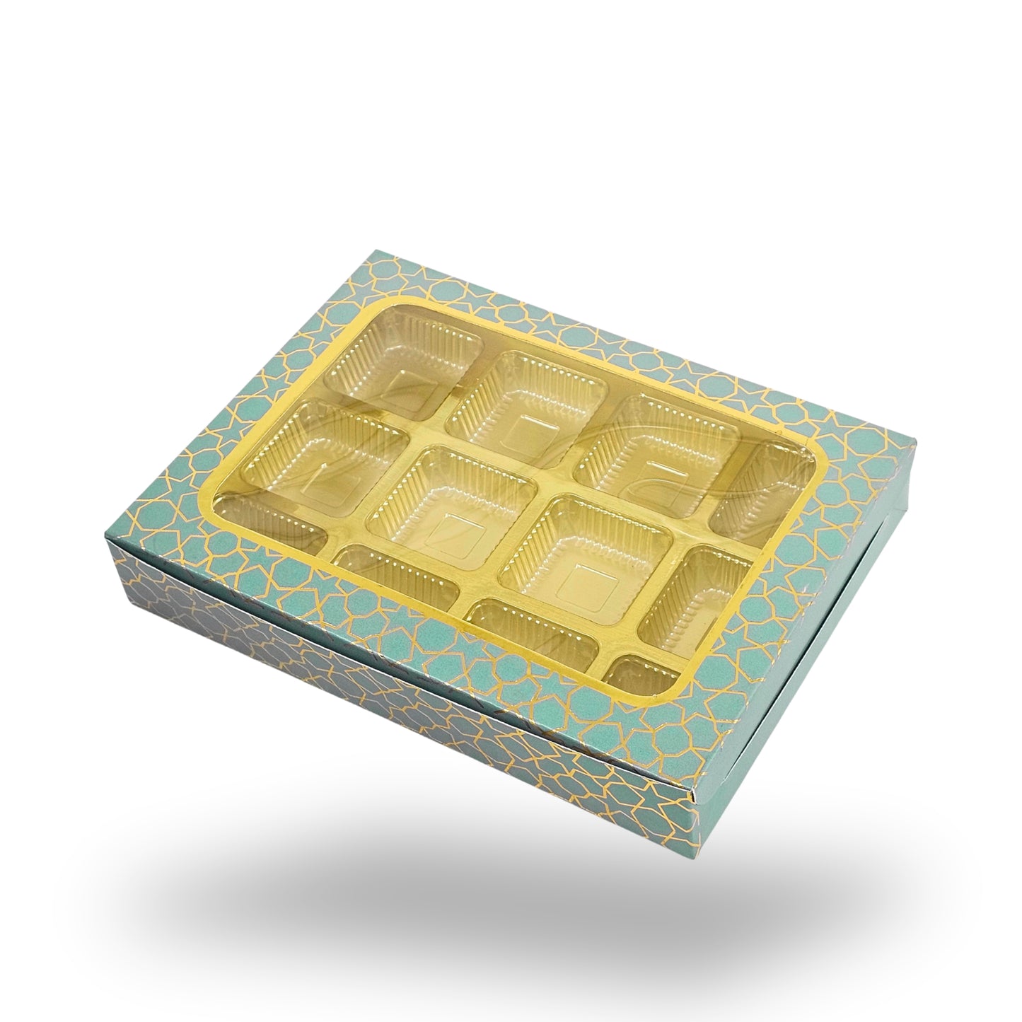 12 Cavity Chocolate Box | 7.5 x 5.5 x 1.25 inches | Turquoise With Golden Foilling