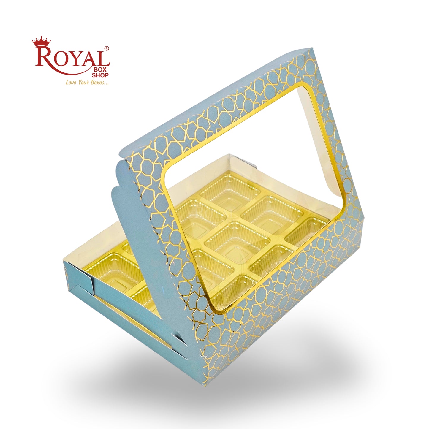 12 Cavity Chocolate Box | 7.5 x 5.5 x 1.25 inches | Turquoise With Golden Foilling