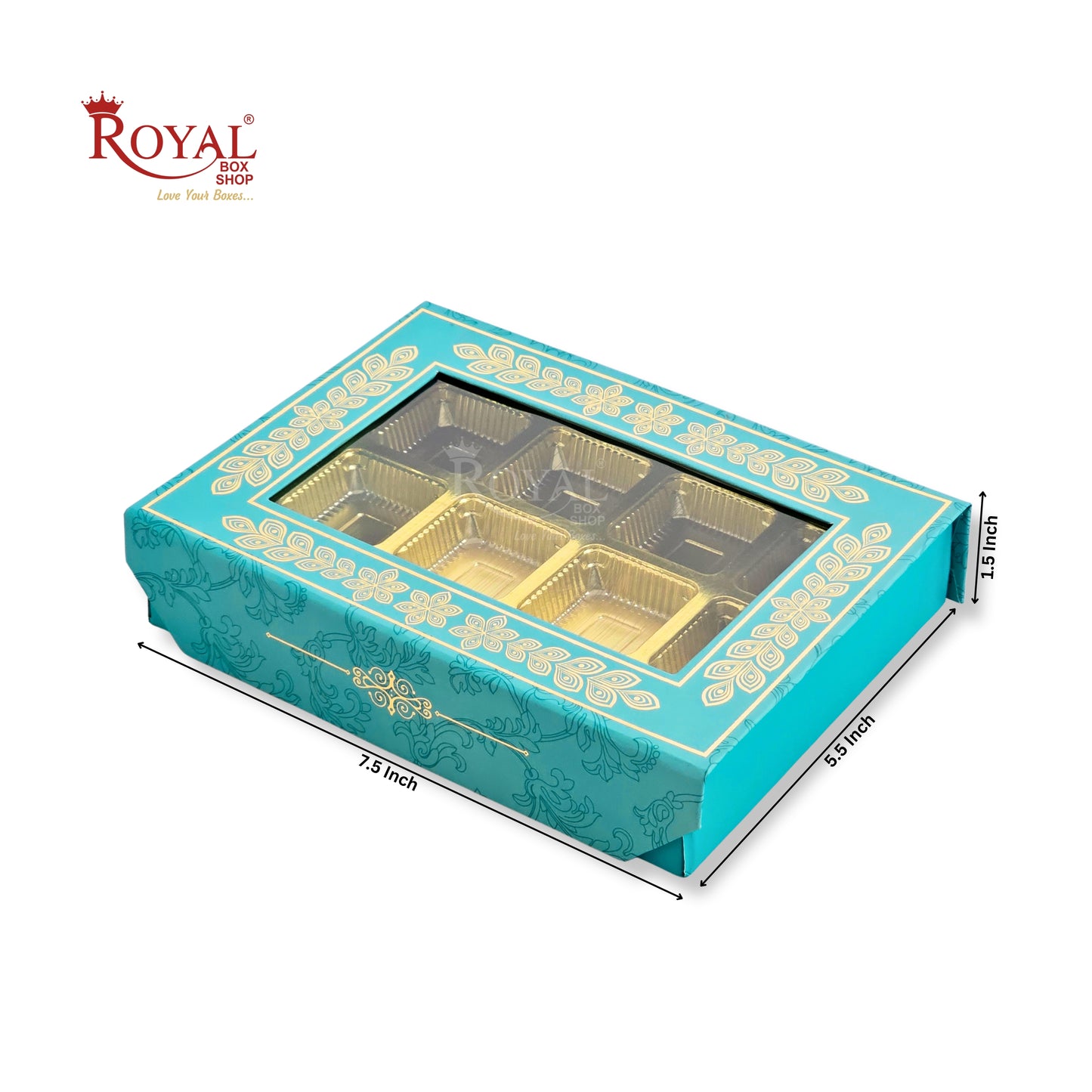 12 Cavity Rigid Chocolate Boxes With Window | Magnetic Flap | Blue with Gold Foiling | 7.5 X 5.5 X 1.5 Inch | Kappa Boxes