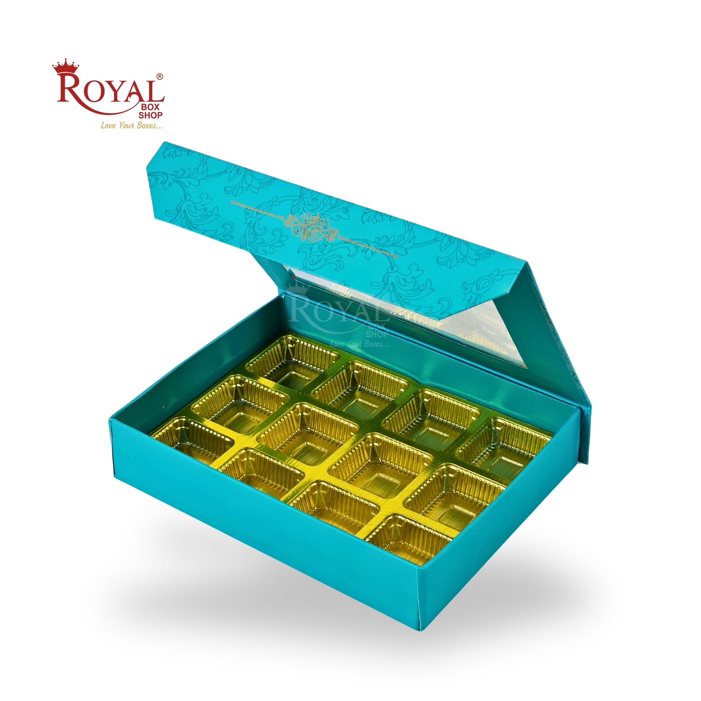 12 Cavity Rigid Chocolate Boxes With Window | Magnetic Flap | Blue with Gold Foiling | 7.5 X 5.5 X 1.5 Inch | Kappa Boxes