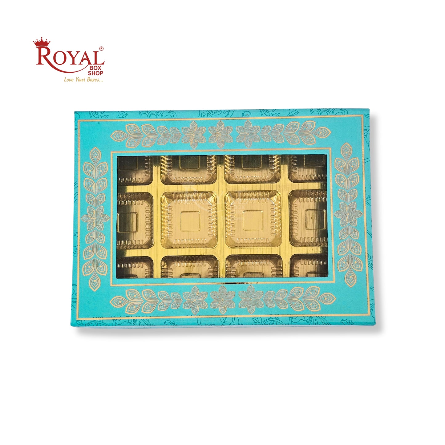 12 Cavity Rigid Chocolate Boxes With Window | Magnetic Flap | Blue with Gold Foiling | 7.5 X 5.5 X 1.5 Inch | Kappa Boxes