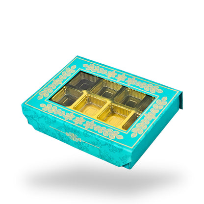 12 Cavity Rigid Chocolate Boxes With Window | Magnetic Flap | Blue with Gold Foiling | 7.5 X 5.5 X 1.5 Inch | Kappa Boxes