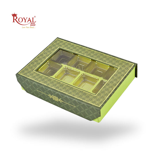 12 Cavity Rigid Chocolate Boxes With Window | Magnetic Flap | Green with Gold Foiling | 7.5 X 5.5 X 1.5 Inch | Kappa Boxes