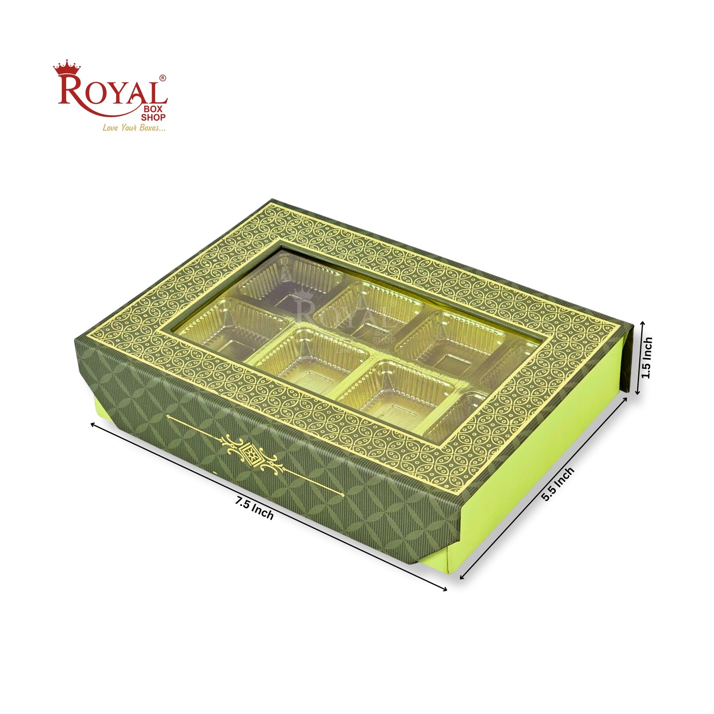 12 Cavity Rigid Chocolate Boxes With Window | Magnetic Flap | Green with Gold Foiling | 7.5 X 5.5 X 1.5 Inch | Kappa Boxes