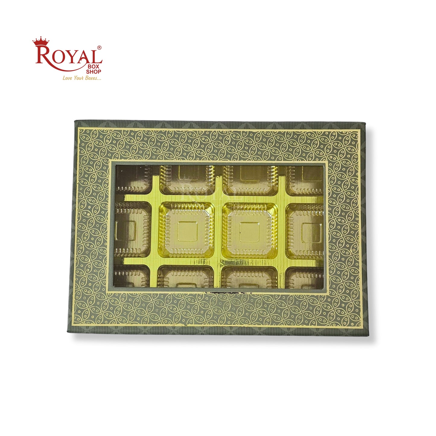 12 Cavity Rigid Chocolate Boxes With Window | Magnetic Flap | Green with Gold Foiling | 7.5 X 5.5 X 1.5 Inch | Kappa Boxes