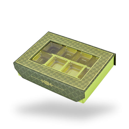 12 Cavity Rigid Chocolate Boxes With Window | Magnetic Flap | Green with Gold Foiling | 7.5 X 5.5 X 1.5 Inch | Kappa Boxes