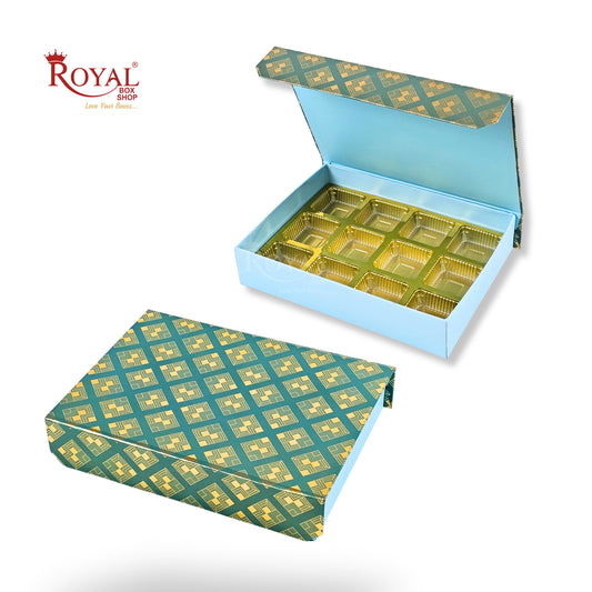 12 Cavity Rigid Chocolate Box with Magnetic Lid I 7.5x5.5x1.5 Inch I Golden Foil I Green