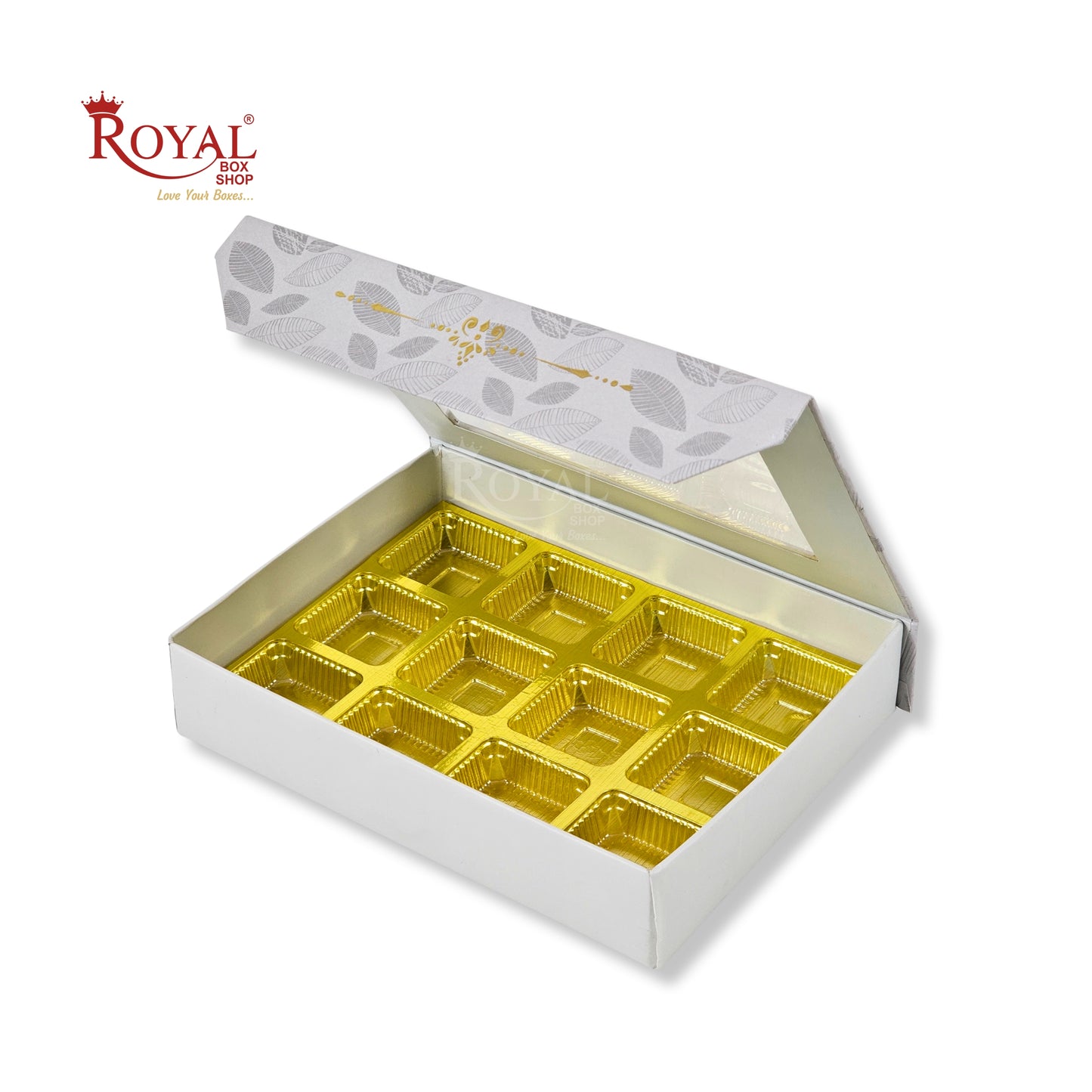 12 Cavity Rigid Chocolate Boxes With Window | Magnetic Flap | Grey with Gold Foiling | 7.5 X 5.5 X 1.5 Inch | Kappa Boxes