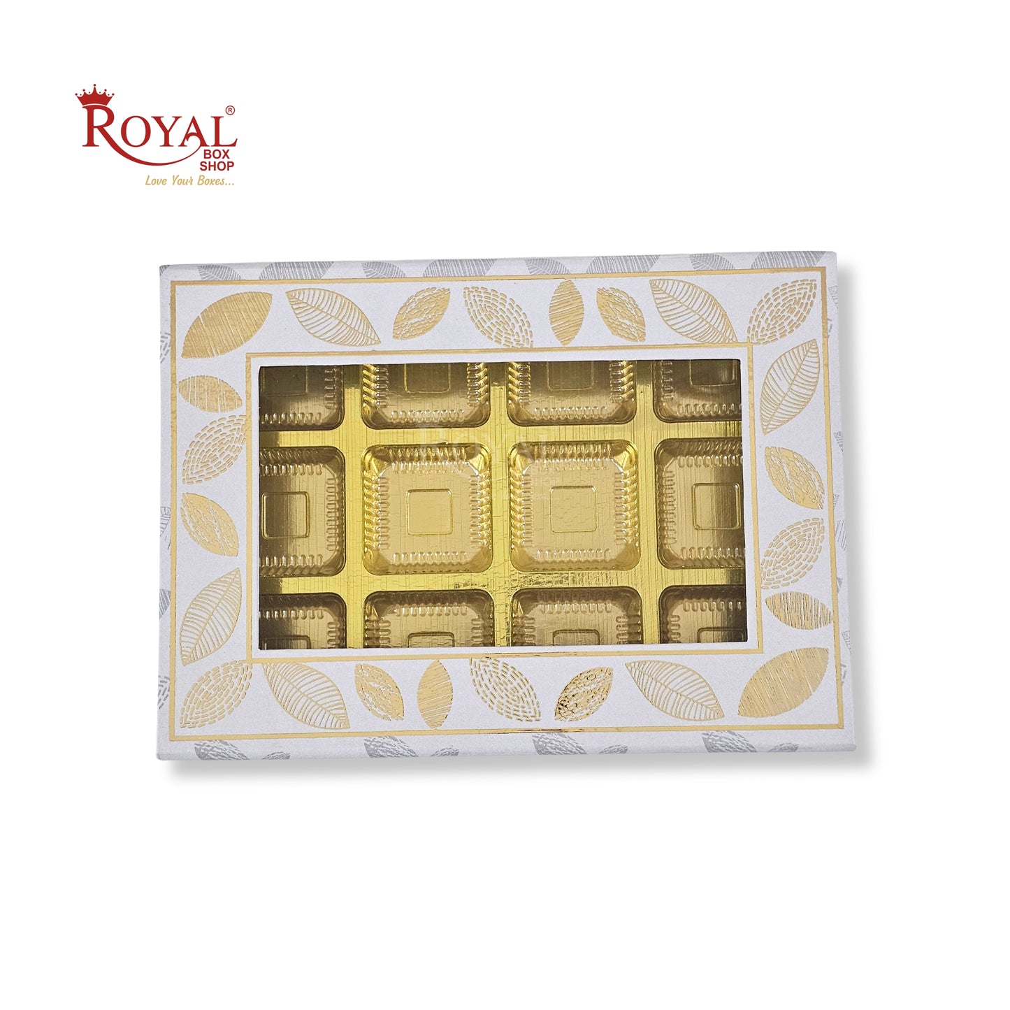 12 Cavity Rigid Chocolate Boxes With Window | Magnetic Flap | Grey with Gold Foiling | 7.5 X 5.5 X 1.5 Inch | Kappa Boxes