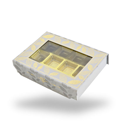 12 Cavity Rigid Chocolate Boxes With Window | Magnetic Flap | Grey with Gold Foiling | 7.5 X 5.5 X 1.5 Inch | Kappa Boxes