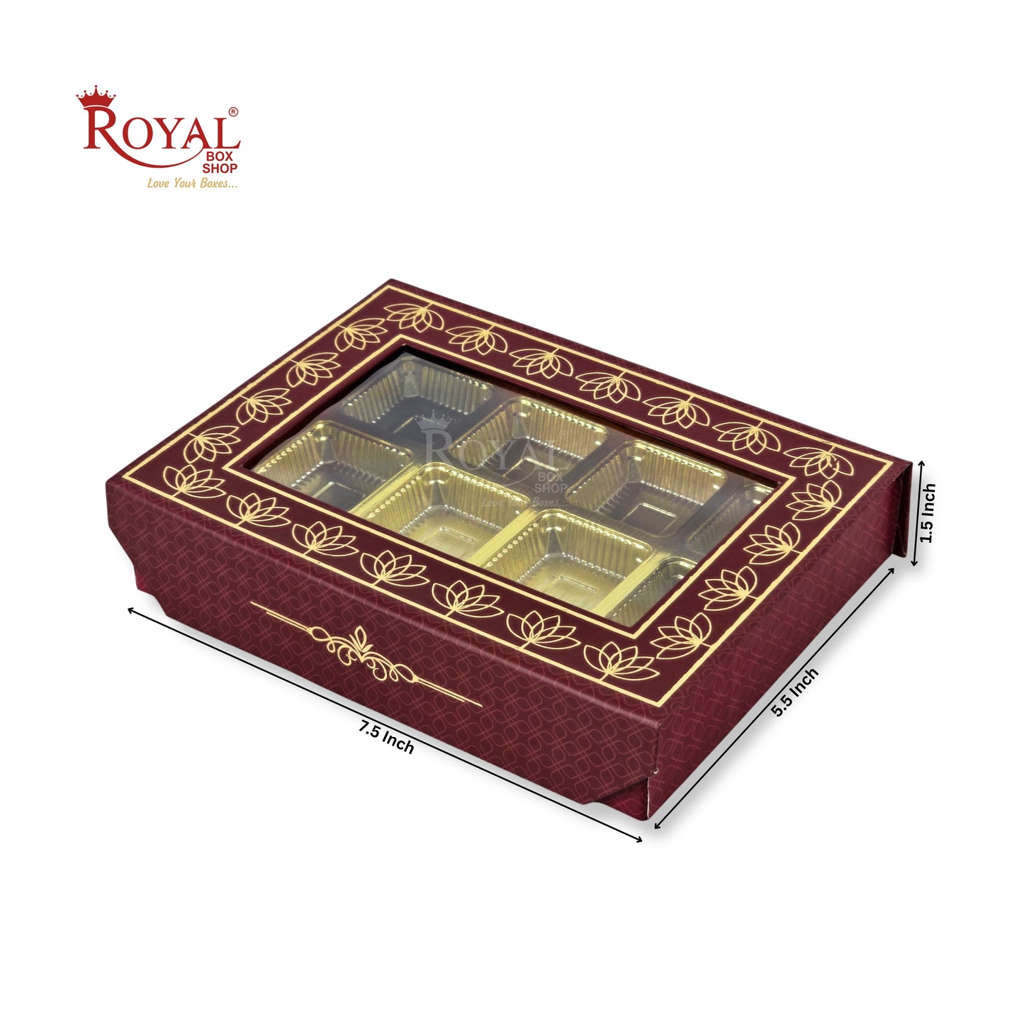 12 Cavity Rigid Chocolate Boxes With Window | Magnetic Flap | Maroon with Gold Foiling | 7.5 X 5.5 X 1.5 Inch | Kappa Boxes