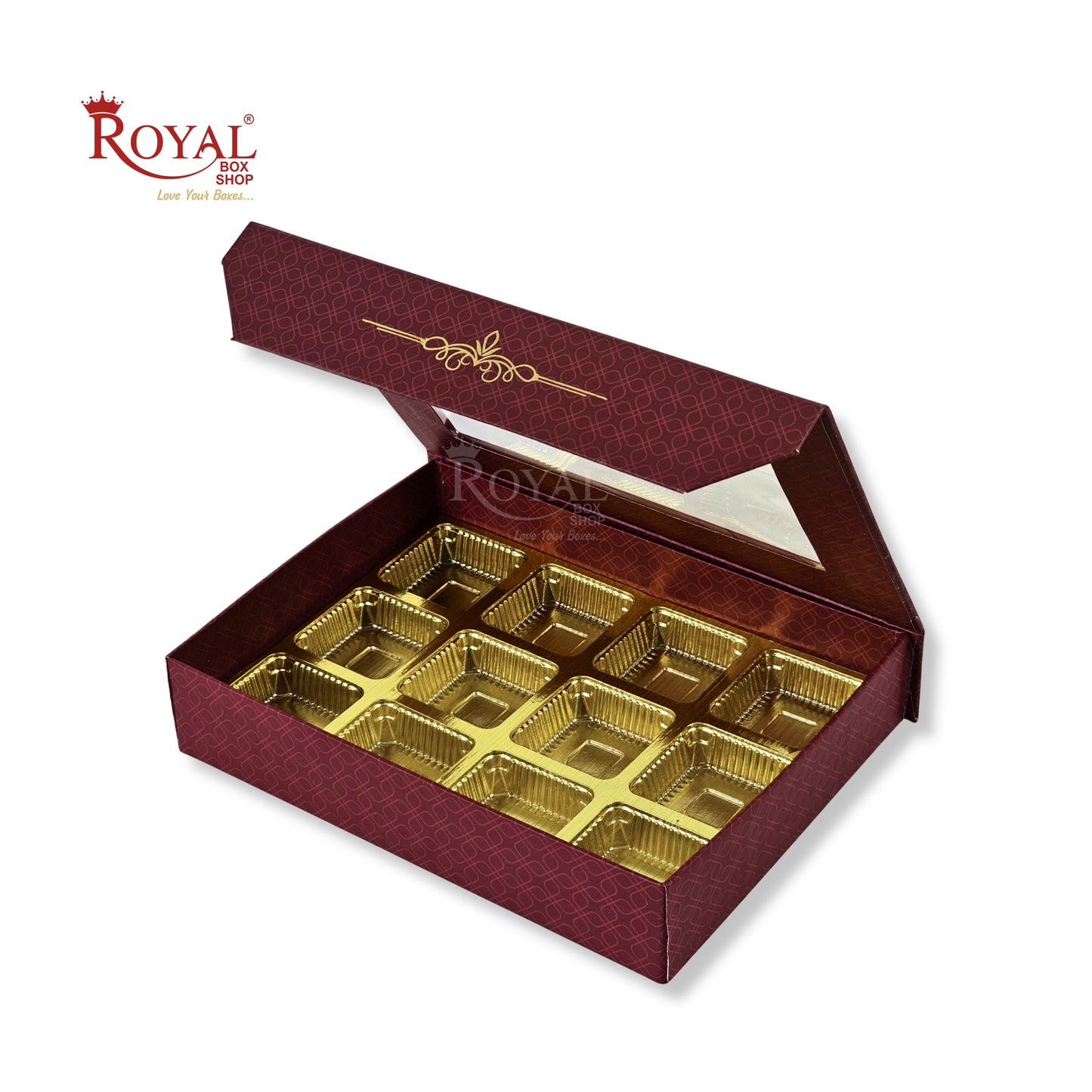 12 Cavity Rigid Chocolate Boxes With Window | Magnetic Flap | Maroon with Gold Foiling | 7.5 X 5.5 X 1.5 Inch | Kappa Boxes