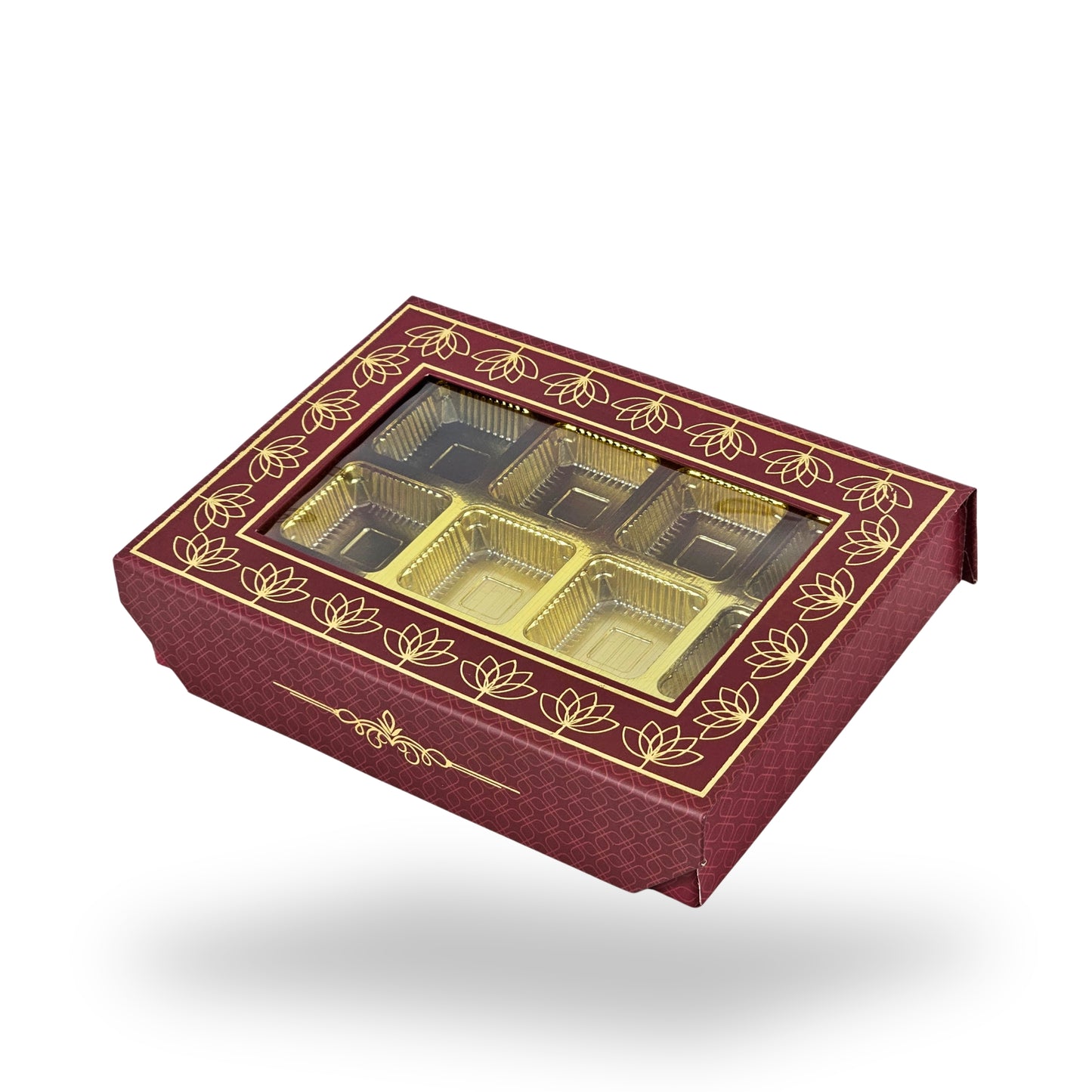 12 Cavity Rigid Chocolate Boxes With Window | Magnetic Flap | Maroon with Gold Foiling | 7.5 X 5.5 X 1.5 Inch | Kappa Boxes