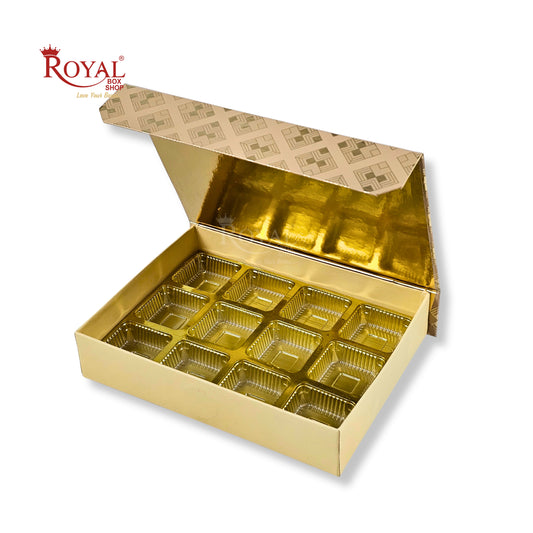 12 Cavity Premium Chocolate Box with Magnetic Lid – 7.5x5.5x1.5 Inch Golden Foil Rigid Gift Box
