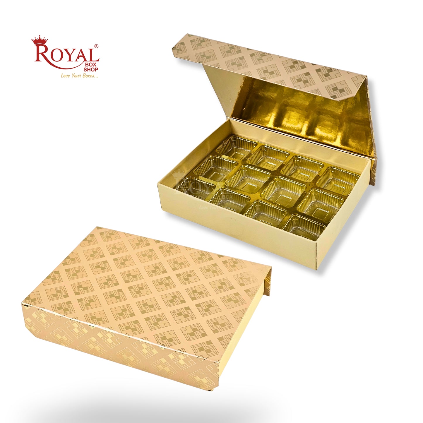 12 Cavity Premium Chocolate Box with Magnetic Lid – 7.5x5.5x1.5 Inch Golden Foil Rigid Gift Box