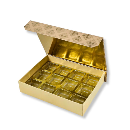 12 Cavity Premium Chocolate Box with Magnetic Lid – 7.5x5.5x1.5 Inch Golden Foil Rigid Gift Box
